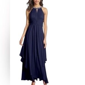 Eliza J, Halter Rhinestone Collar Chiffon Layered Gown